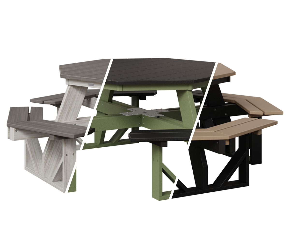 Customizable octagon picnic table showing poly color options and bench styles.