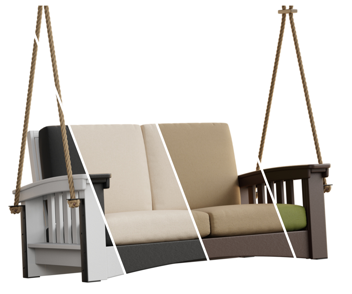 Customizable outdoor porch swing showing poly color and cushion options for Little Egg Harbor.