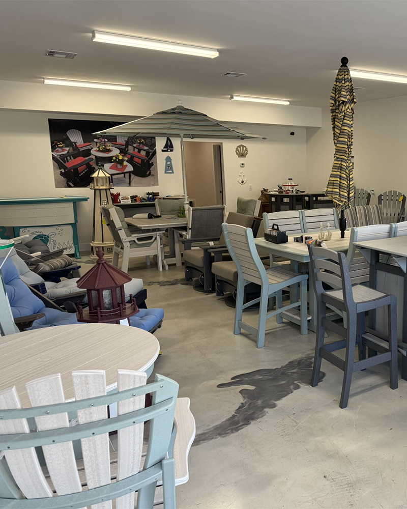 Showroom with Amish outdoor dining sets—furniture for Manahawkin shoppers.